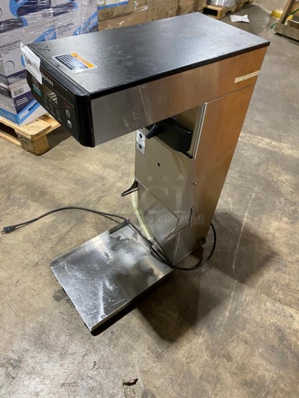 Bunn ITCB-DV commercial stainless steel tea and coffee brewer with digital controls, shown on warehouse floor.