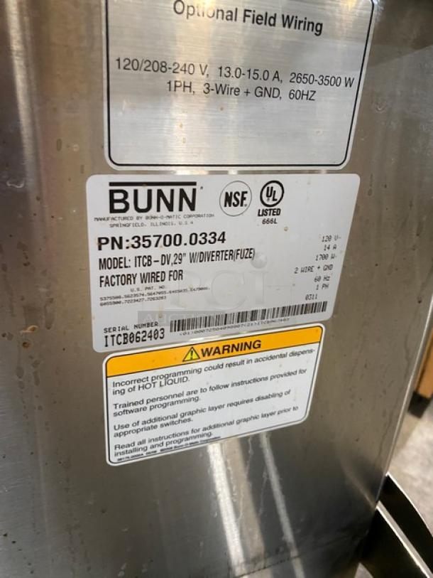 Bunn Infusion Series ITCB-DV commercial brewer with digital controls, stainless steel, model ITCB062403, 120V, for hot/iced tea & coffee.