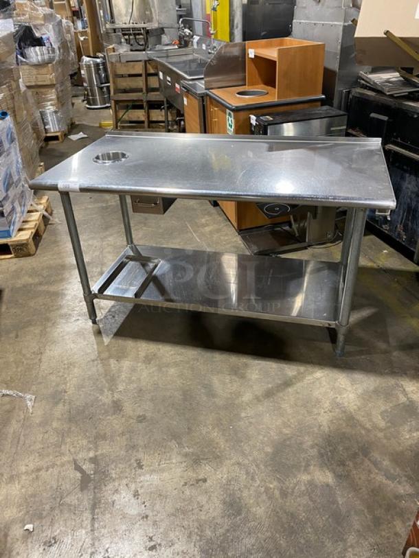Duke Manufacturing stainless steel prep table, model DC-7202-6030, with undershelf and trash chute cut-out. On legs. Good condition.