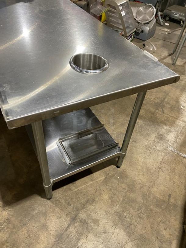Duke Manufacturing stainless steel worktop prep table, model DC-7202-6030, with undershelf and round trash chute.