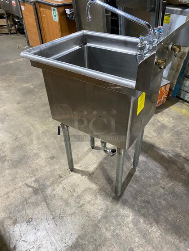 Duke Manufacturing stainless steel single compartment sink with backsplash, swing spout faucet, on sturdy legs, used condition.