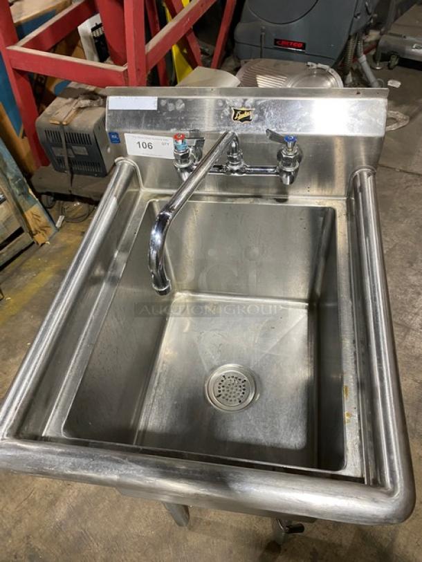 Duke Manufacturing stainless steel single compartment sink with backsplash, swing spout faucet, on legs; commercial use.