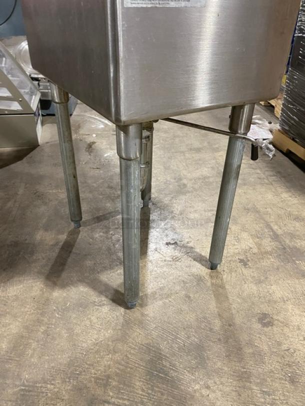Duke Manufacturing commercial stainless steel sink with backsplash, swing spout faucet, sturdy legs; good condition.