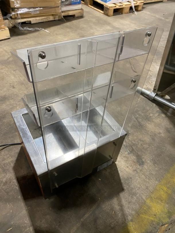 Duke Manufacturing stainless steel 2-well soup warmer, electric-powered, clear lid organizer, model CSW1TAM, on legs.