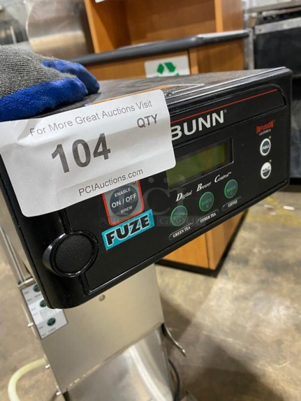 Bunn Infusion Series ITCB-DV brewer, stainless steel, digital controls, 120V, automatic brew options, auction tag visible.