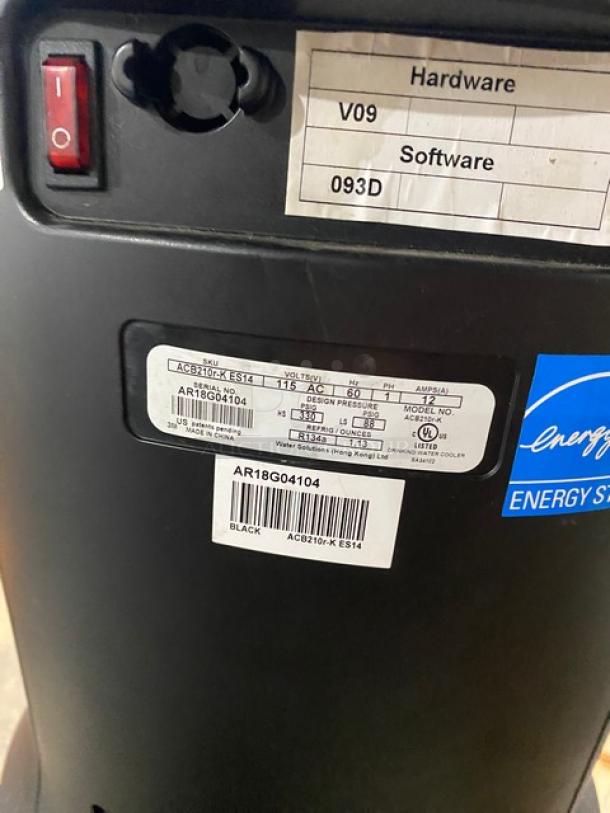 AquaCafe ACB210r-K ES14 black electric powered water dispenser and coffee maker with Energy Star label, model and serial number tags visible.