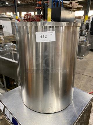 Commercial stainless steel round pan with flat lid, excellent condition, reflective finish, auction label showing "112".