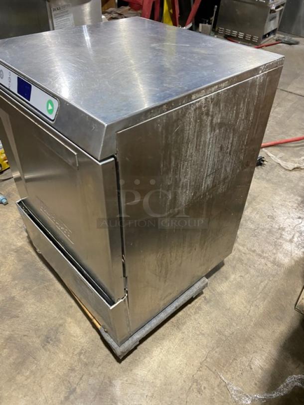Hobart LXEH commercial stainless steel undercounter dishwasher, high temperature, with full-size peg rack, used condition.