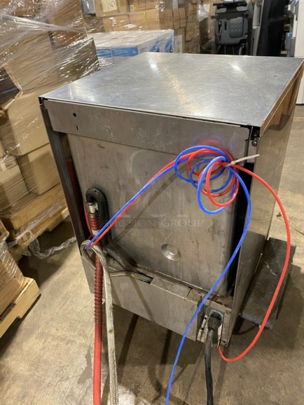 Hobart LXEH commercial stainless steel undercounter dishwasher, new body style, with full-size peg rack, visible hoses, model LXEH.