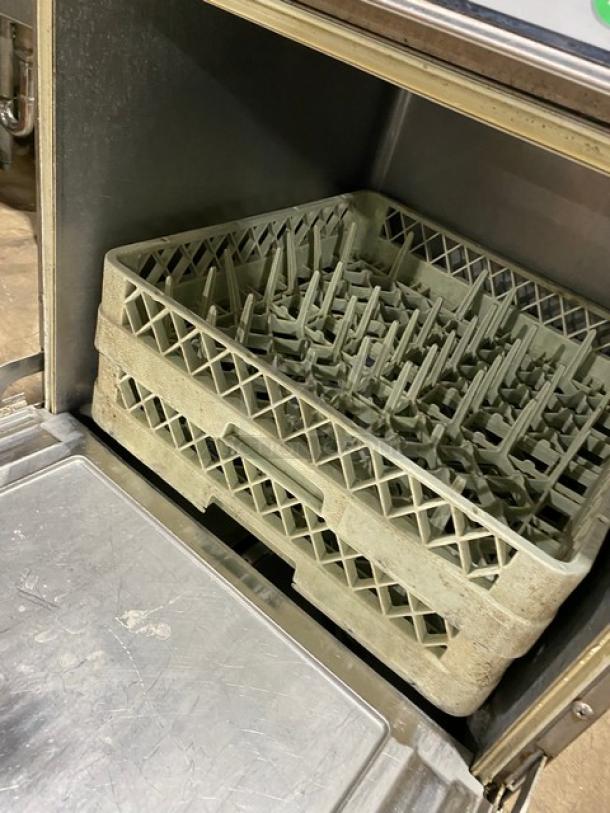 Hobart LXEH undercounter dishwasher with full-size peg rack, stainless steel, model LXEH, in working condition.