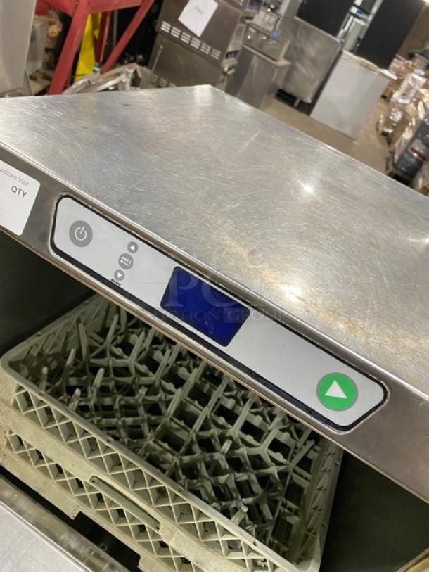 Hobart LXEH commercial dishwasher, stainless steel, new body style, with control panel and full-size peg rack.