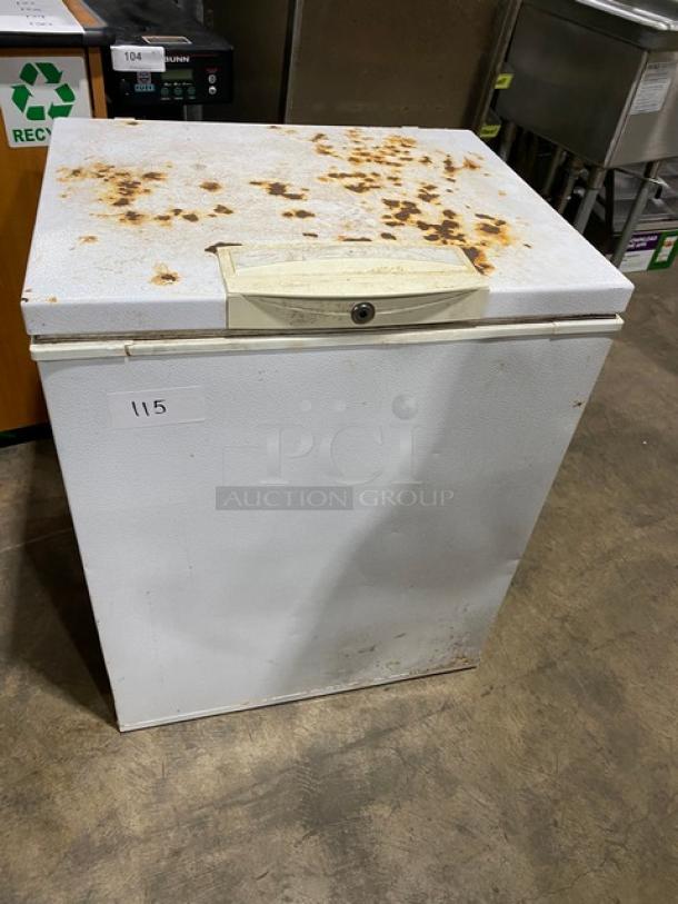 Kenmore Commercial White Chest Freezer, Model 253.9155110, visible rust on top, labeled "115". Condition reflects use.