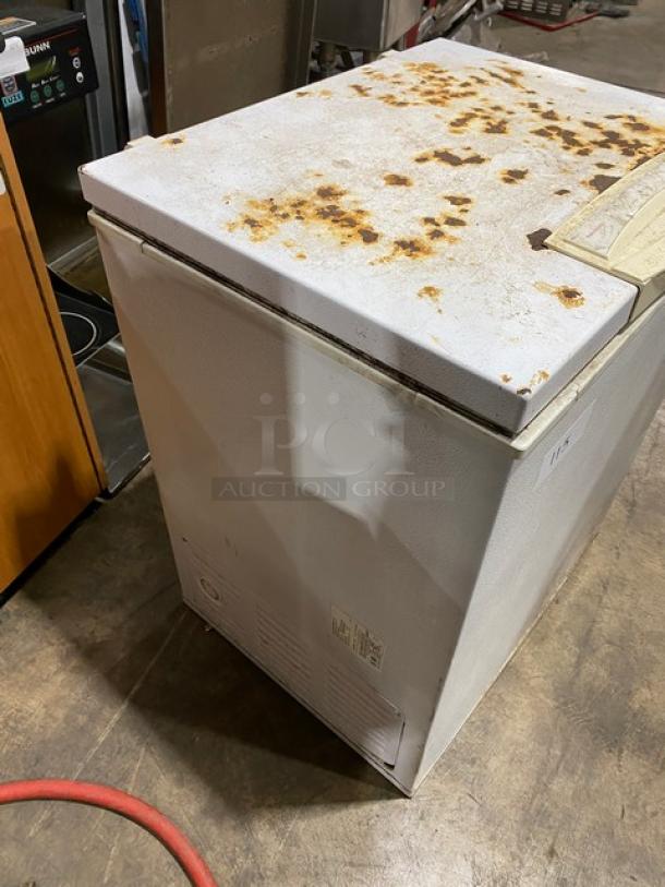 Kenmore Commercial white chest freezer, Model 253.9155110, visible rust on top, 115V, SN: S509325426.