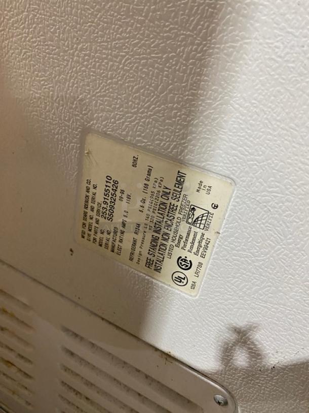 Kenmore Commercial White Chest Freezer, Model 253.9155110, 115V. Features manufacturer's label with specifications.