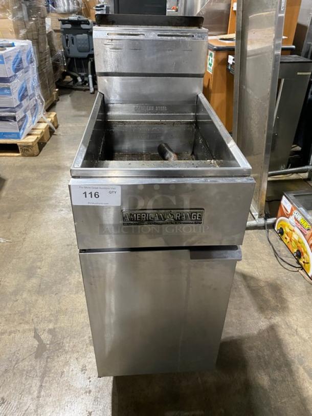 American Range stainless steel natural gas deep fat fryer on legs, with back splash and basket hanger.