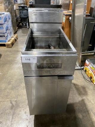 American Range Commercial Stainless Steel Natural Gas Powered Deep Fat Fryer! With Back Splash & Basket Hanger! On Legs! - Item #1213988