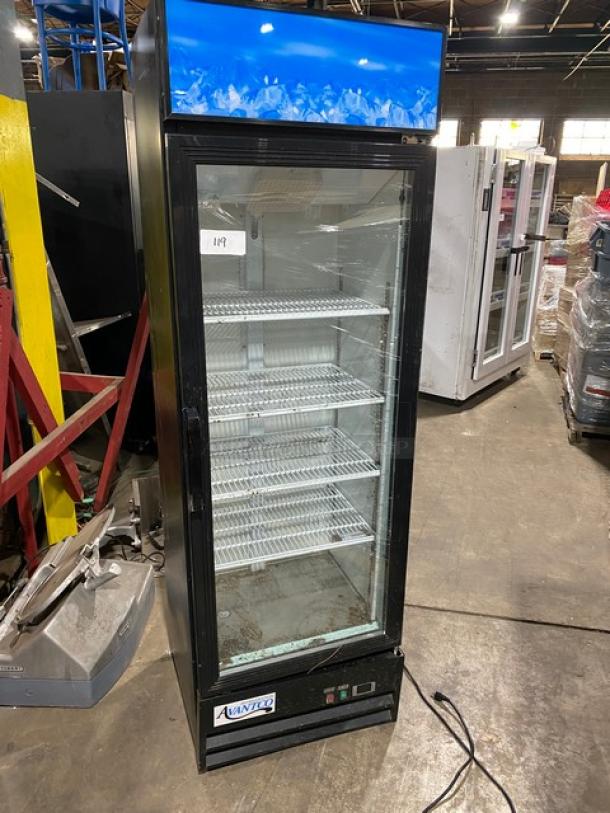 Avantco 178GDC15HCB commercial black single glass swing door refrigerator, LED lighting, poly-coated wire racks, good condition.