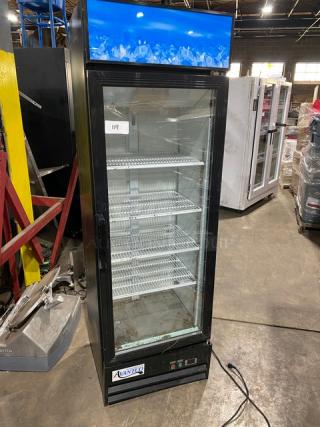 Avantco 178GDC15HCB commercial black single glass swing door refrigerator, LED lighting, poly-coated wire racks, good condition.