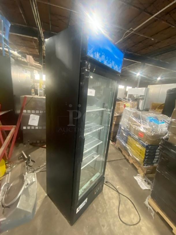 Avantco single glass door merchandiser refrigerator, model 178GDC15HCB, with LED lighting and poly-coated wire racks.