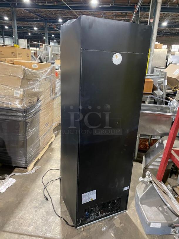 Avantco commercial fridge, model 178GDC15HCB, black finish, single swing door, LED lighting, poly-coated rack.