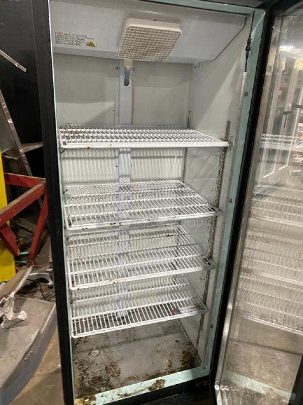 Avantco commercial fridge model 178GDC15HCB, black, single glass door, LED lighting, poly coated wire racks, used condition.