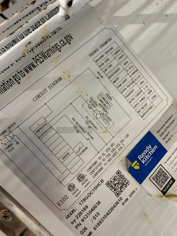 Avantco Commercial Refrigerator, Model 178GDC15HCB, SN: 6189310422043610, with schematic diagram and Ready Kitchen tag.