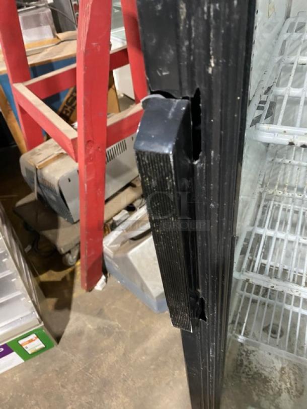 Avantco commercial refrigerator, model 178GDC15HCB, with black single glass swing door, LED lighting, and wire racks.