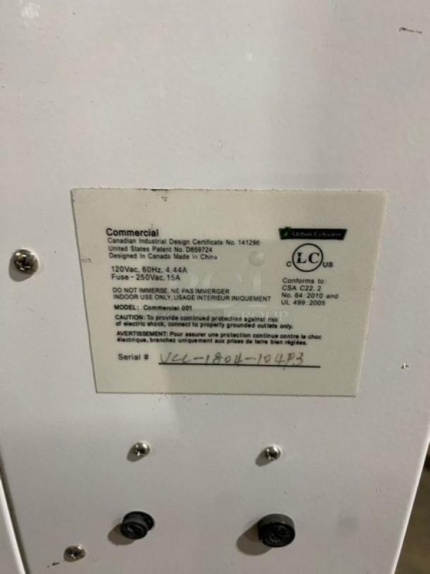 Urban Cultivator Commercial model 001 indoor garden label, SN: VCC-1804-104P3, 120V, conforms to CSA C22.2 standards.