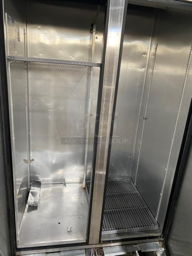 True T-35 commercial stainless steel 2-door reach-in refrigerator, wired rack, on casters, 115V, 1 Phase, SN: 8784235.