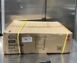 Choice Commercial Black 2-Tier Bus/Utility Cart, Model 109CARTBS2BK, brand new in original cardboard box with casters.