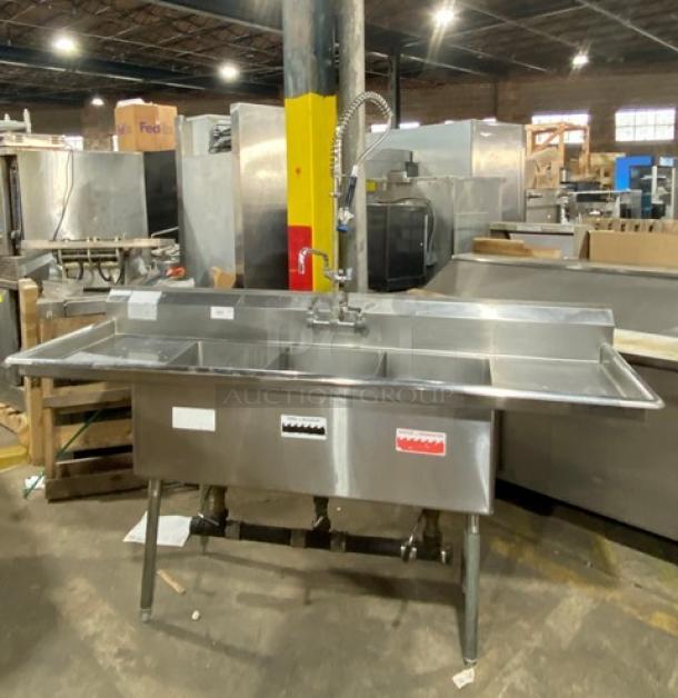 Duke Manufacturing commercial stainless steel 3-compartment sink with left/right drain boards, backsplash, and swing spout faucet.