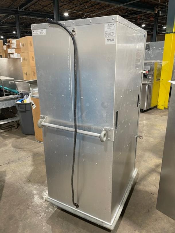 Cres-Cor stainless steel heated cabinet, solid Dutch door, wide pan slides, rubber bumper, SN: CAB-J8369B-1716, on casters.