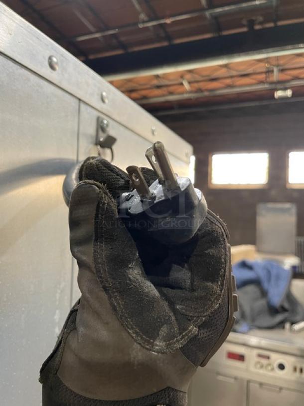 Cres-Cor stainless steel Dutch door heated cabinet, wide pan slides, rubber bumper, SN: CAB-J8369B-1716, 120V, on casters.