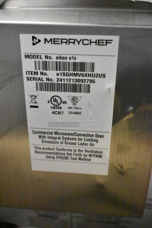 BRAND NEW Merrychef eikon e1s high-speed oven, 2024 model, scratch and dent condition. Item and serial numbers visible. 208/240V.