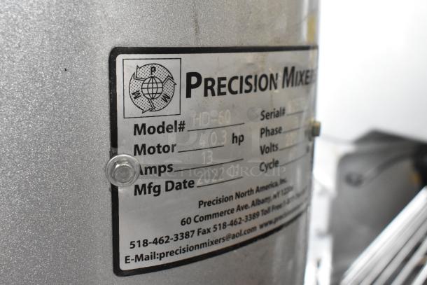 2022 Precision HD-60 60 Quart Dough Mixer with bowl, dolly, guard, Pelican head, and dough hook. 220V, 3-phase.