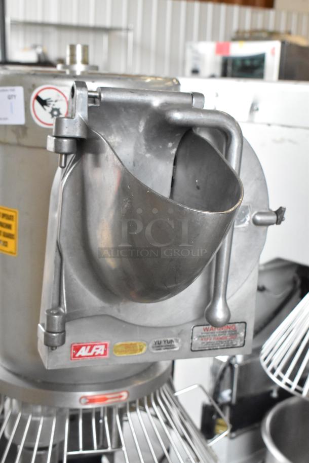 2021 Precision HD-60 60 Quart Dough Mixer, with bowl, dolly, guard, Pelican head, and dough hook. 220V, 3 phase, labels visible.