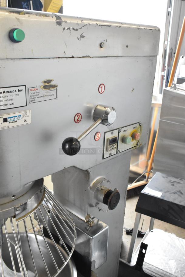 2021 Precision HD-60 Commercial 60 Qt Dough Mixer with bowl, dolly, guard, pelican head, and hook. 220V, 3-phase. Visible wear.