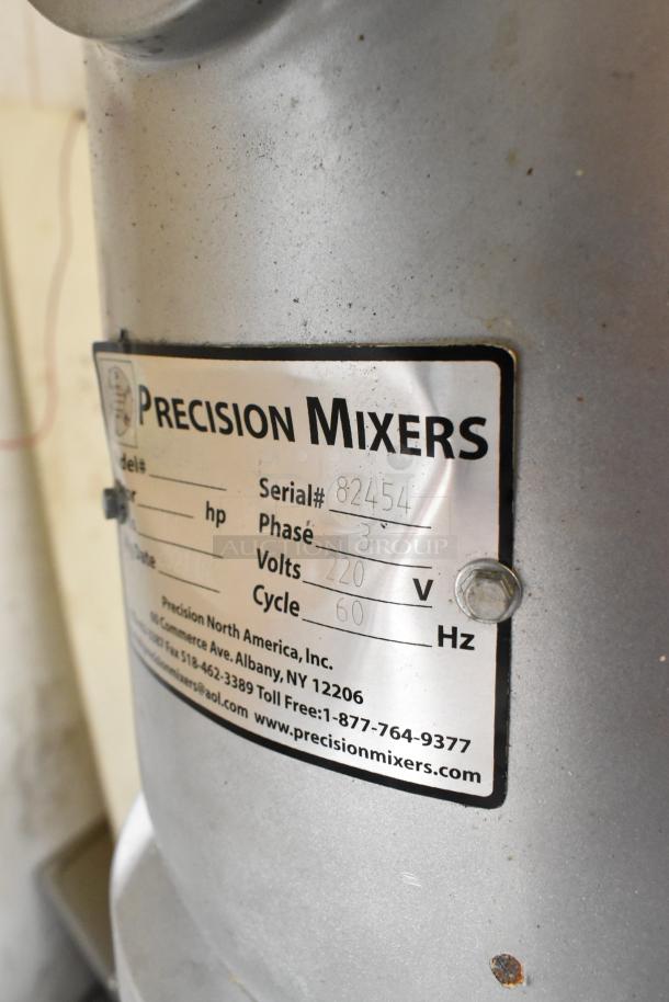 Precision HD-60 Mixer label, showing serial 82454, 3-phase, 220 volts, 60 cycle, model details for auction item.
