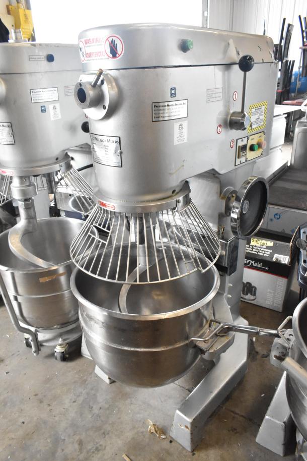 2020 Precision HD-60 60 Quart Dough Mixer, metal, with bowl, guard, and dough hook. 220V, 3 phase. Visible labels and controls.