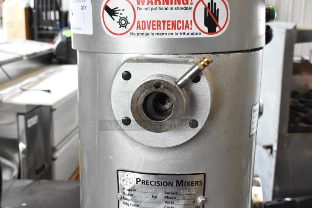 2020 Precision HD-60 60 Qt dough mixer with bowl, guard, and hook. 220V, 3-phase. Warning and model label visible.