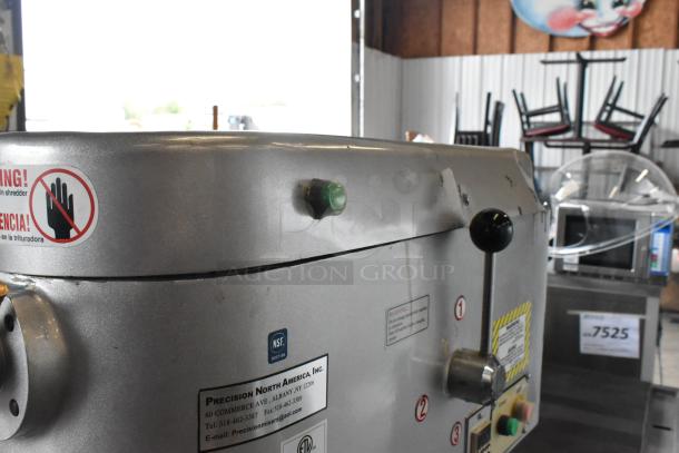 2020 Precision HD-60 60 Quart Dough Mixer, metal finish, with bowl and guard. Features control lever, warning labels, 220V, 3 Phase.