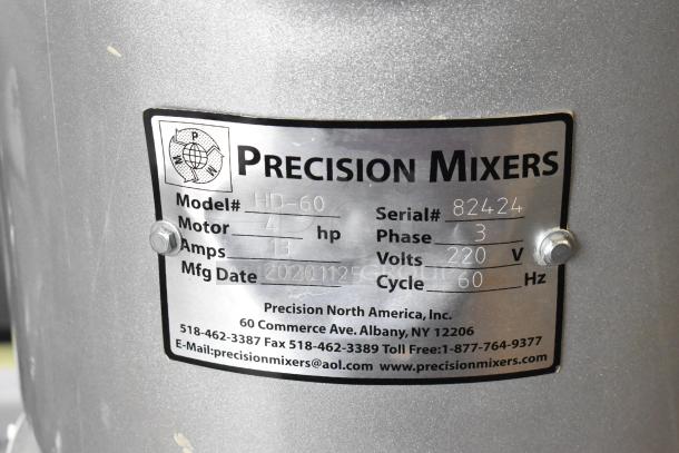 2020 Precision HD-60 commercial 60-quart dough mixer with bowl, guard, dough hook; 220V, 3 phase; serial #82424.