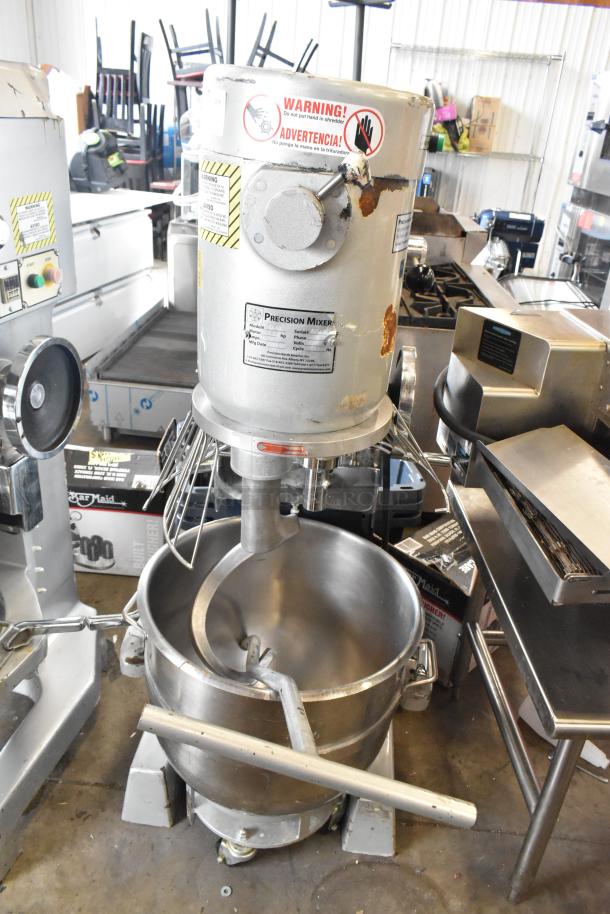 2022 Precision HD-60 60 Quart Dough Mixer, metal, with mixing bowl, bowl guard, dough hook, 220V, 3 Phase. Warning labels visible.