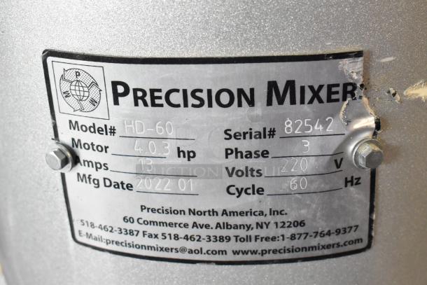 2022 Precision HD-60 Mixer label showing model, 4.03 hp motor, serial number 82542, 220V, 3-phase, 60 Hz cycle.