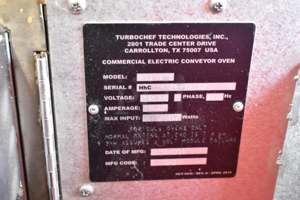 Turbochef HhC1618 stainless steel commercial conveyor oven label shows model, voltage, and serial number details.