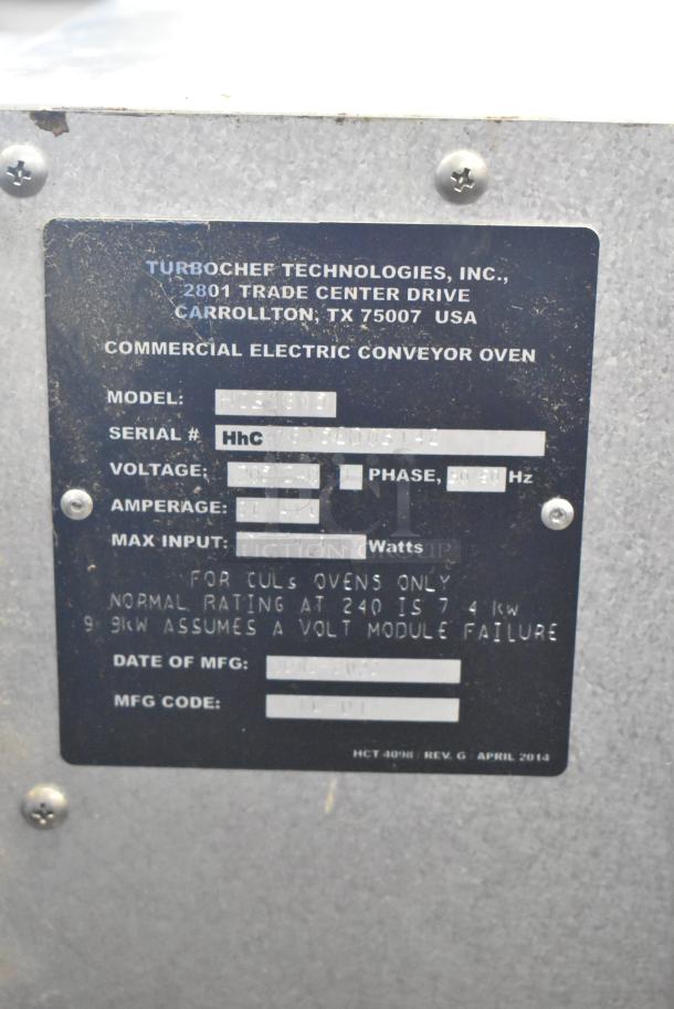 Turbochef HhC1618 stainless steel conveyor oven label, showing model details, voltage 208/240V, 1 phase, amperage, and manufacturing info.