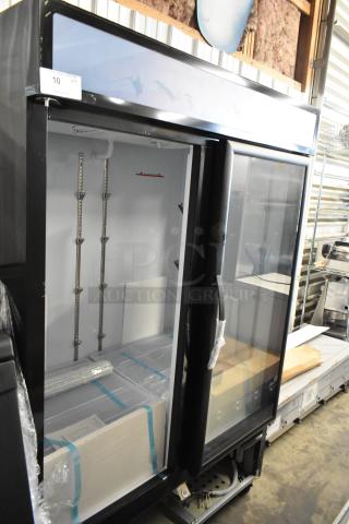 Mainstreet 829GMC49B brand new 2-door reach-in cooler merchandiser with poly-coated racks, 115 volts, 1 phase, slight scratches.