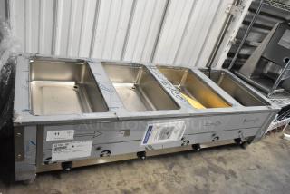 BRAND NEW Advance Tabco SW-4E-120-X four pan electric hot food table with undershelf, minor scratches and dents visible.