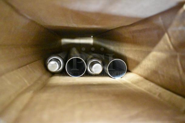 Interior view of packaging containing four metal tubes, part of Advance Tabco SW-4E-120-X hot food table.
