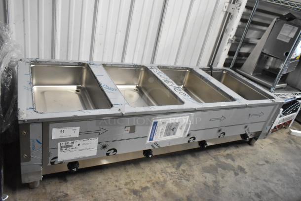 Advance Tabco SW-4E-120 hot food table, four-pan, electric, stainless steel, undershelf. New, scratch and dent condition.